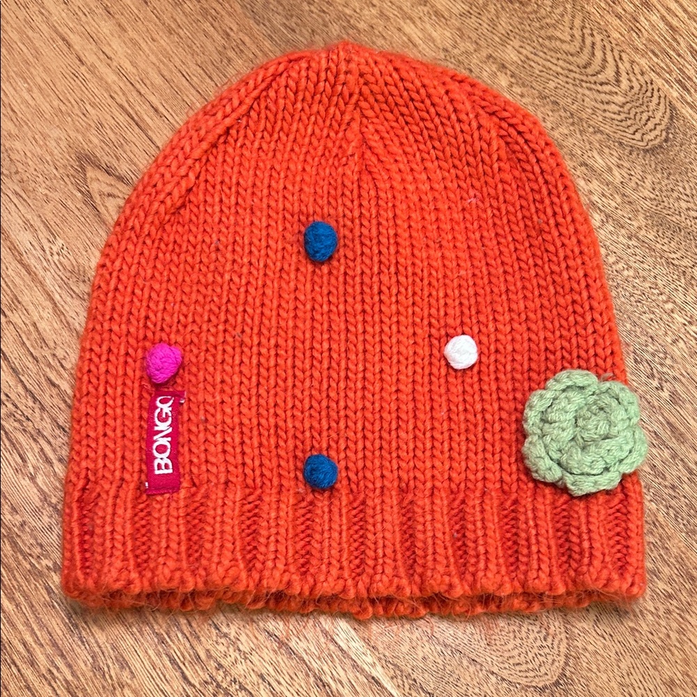 BONGO Orange Knit Kids Beanie with Multicolor Poms and Green Flower